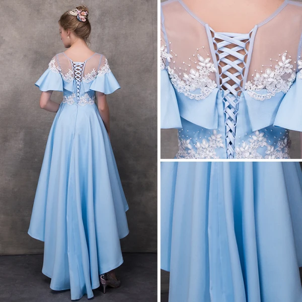 Haute Basse Bleu Transparentes Robe De Cocktail 2018 Princesse Encolure Dégagée Manches Courtes Appliques Fleur Perlage Asymétrique Volants Dos Nu Robe De Ceremonie
