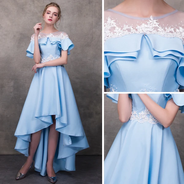 Haute Basse Bleu Transparentes Robe De Cocktail 2018 Princesse Encolure Dégagée Manches Courtes Appliques Fleur Perlage Asymétrique Volants Dos Nu Robe De Ceremonie