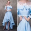 Haute Basse Bleu Transparentes Robe De Cocktail 2018 Princesse Encolure Dégagée Manches Courtes Appliques Fleur Perlage Asymétrique Volants Dos Nu Robe De Ceremonie