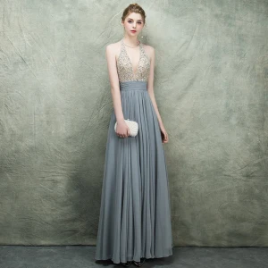 Luxe Gris Robe De Soirée 2018 Princesse Encolure Dégagée Sans Manches Perlage Faux Diamant Ceinture Longue Volants Dos Nu Robe De Ceremonie