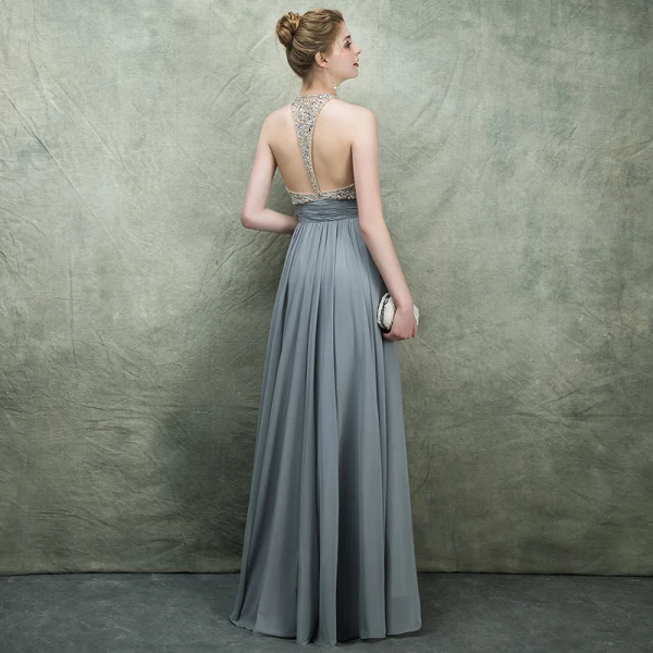 Luxury / Gorgeous Grey Evening Dresses 2018 A-Line / Princess Scoop Neck Sleeveless Beading Rhinestone Sash Floor-Length / Long Ruffle Backless Formal Dresses
