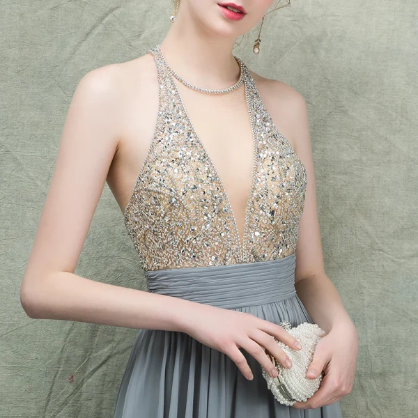 Luxury / Gorgeous Grey Evening Dresses 2018 A-Line / Princess Scoop Neck Sleeveless Beading Rhinestone Sash Floor-Length / Long Ruffle Backless Formal Dresses
