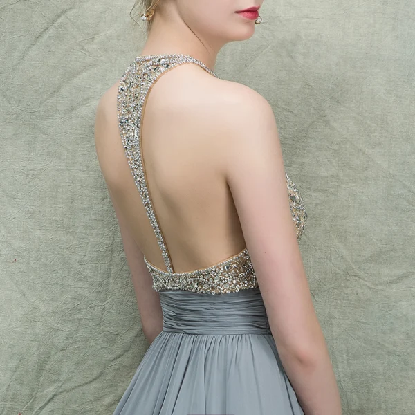Luxury / Gorgeous Grey Evening Dresses 2018 A-Line / Princess Scoop Neck Sleeveless Beading Rhinestone Sash Floor-Length / Long Ruffle Backless Formal Dresses