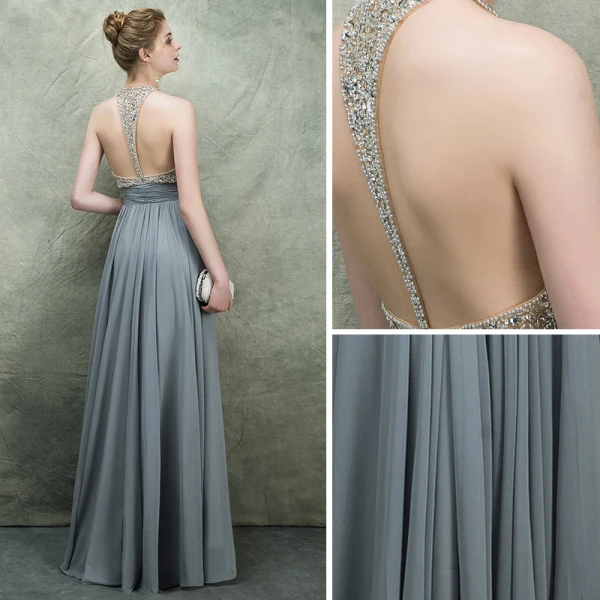 Luxury / Gorgeous Grey Evening Dresses 2018 A-Line / Princess Scoop Neck Sleeveless Beading Rhinestone Sash Floor-Length / Long Ruffle Backless Formal Dresses