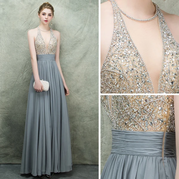 Luxury / Gorgeous Grey Evening Dresses 2018 A-Line / Princess Scoop Neck Sleeveless Beading Rhinestone Sash Floor-Length / Long Ruffle Backless Formal Dresses