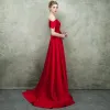 Luxury / Gorgeous Red See-through Evening Dresses  2018 A-Line / Princess Square Neckline Short Sleeve Beading Sweep Train Ruffle Formal Dresses