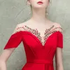 Luxury / Gorgeous Red See-through Evening Dresses  2018 A-Line / Princess Square Neckline Short Sleeve Beading Sweep Train Ruffle Formal Dresses