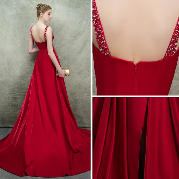 Luxe Bordeaux Transparentes Robe De Soirée 2018 Empire Encolure Carrée Sans Manches Faux Diamant Perle Perlage Tribunal Train Volants Dos Nu Robe De Ceremonie