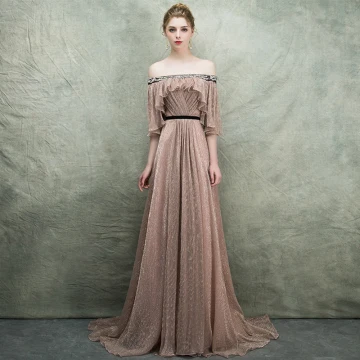 Bling Bling Champagne Robe De Soirée 2018 Princesse De L Épaule 1 2 Manches Glitter Tulle Faux Diamant Tribunal Train Volants Dos Nu Robe De Ceremonie