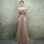 Bling Bling Champagne Evening Dresses  2018 A-Line / Princess Off-The-Shoulder 1/2 Sleeves Glitter Tulle Rhinestone Court Train Ruffle Backless Formal Dresses