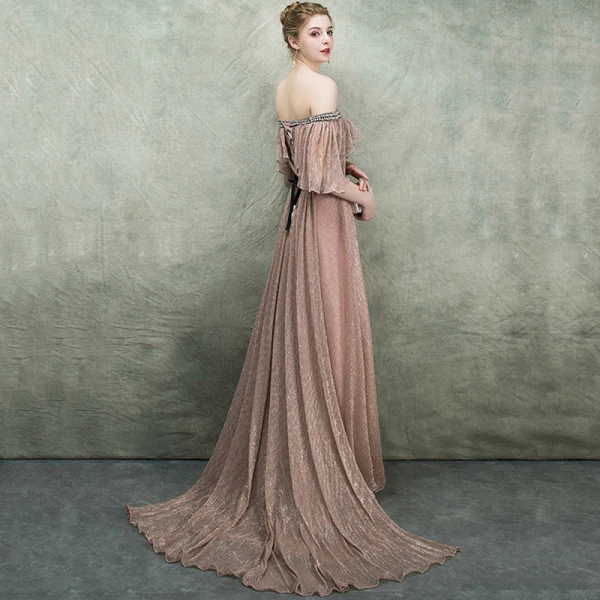 Bling Bling Champagne Evening Dresses 2018 A-Line / Princess Off-The-Shoulder 1/2 Sleeves Glitter Tulle Rhinestone Court Train Ruffle Backless Formal Dresses