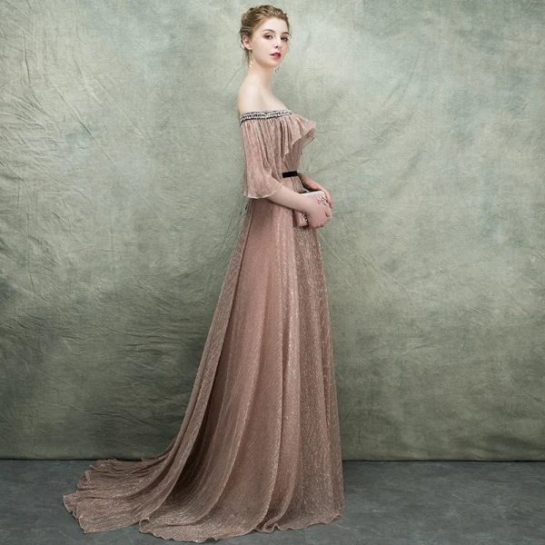 Bling Bling Champagne Evening Dresses 2018 A-Line / Princess Off-The-Shoulder 1/2 Sleeves Glitter Tulle Rhinestone Court Train Ruffle Backless Formal Dresses