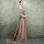 Bling Bling Champagne Evening Dresses  2018 A-Line / Princess Off-The-Shoulder 1/2 Sleeves Glitter Tulle Rhinestone Court Train Ruffle Backless Formal Dresses