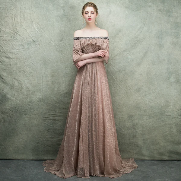 Bling Bling Champagne Evening Dresses 2018 A-Line / Princess Off-The-Shoulder 1/2 Sleeves Glitter Tulle Rhinestone Court Train Ruffle Backless Formal Dresses