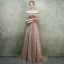 Bling Bling Champagne Evening Dresses  2018 A-Line / Princess Off-The-Shoulder 1/2 Sleeves Glitter Tulle Rhinestone Court Train Ruffle Backless Formal Dresses