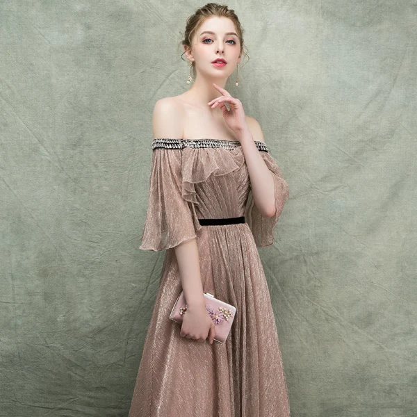 Bling Bling Champagne Evening Dresses 2018 A-Line / Princess Off-The-Shoulder 1/2 Sleeves Glitter Tulle Rhinestone Court Train Ruffle Backless Formal Dresses