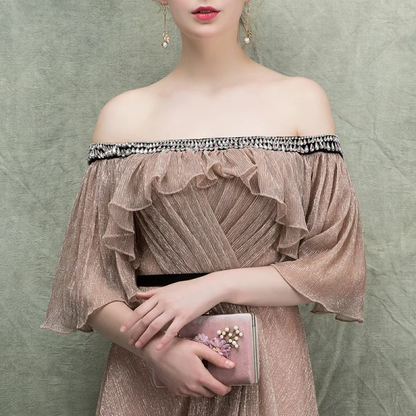 Bling Bling Champagne Evening Dresses 2018 A-Line / Princess Off-The-Shoulder 1/2 Sleeves Glitter Tulle Rhinestone Court Train Ruffle Backless Formal Dresses