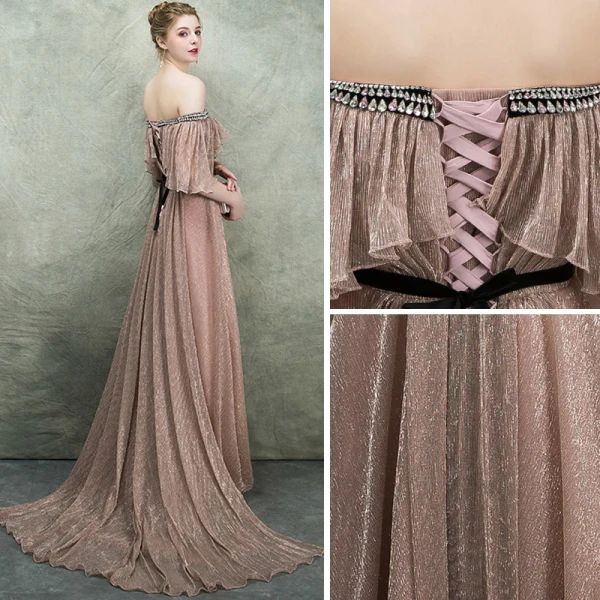 Bling Bling Champagne Evening Dresses 2018 A-Line / Princess Off-The-Shoulder 1/2 Sleeves Glitter Tulle Rhinestone Court Train Ruffle Backless Formal Dresses