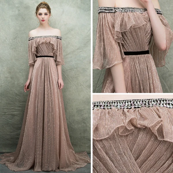 Bling Bling Champagne Evening Dresses 2018 A-Line / Princess Off-The-Shoulder 1/2 Sleeves Glitter Tulle Rhinestone Court Train Ruffle Backless Formal Dresses