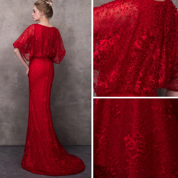 Élégant Bordeaux Robe De Soirée Avec Châle 2018 Trompette / Sirène Encolure Dégagée Perle Perlage Tribunal Train Volants Robe De Ceremonie