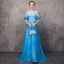 Chic / Beautiful Pool Blue Evening Dresses  2018 A-Line / Princess Off-The-Shoulder Short Sleeve Appliques Lace Pearl Sash Chapel Train Ruffle Backless Formal Dresses