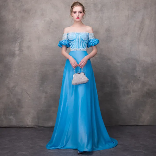 Chic / Beautiful Pool Blue Evening Dresses  2018 A-Line / Princess Off-The-Shoulder Short Sleeve Appliques Lace Pearl Sash Chapel Train Ruffle Backless Formal Dresses