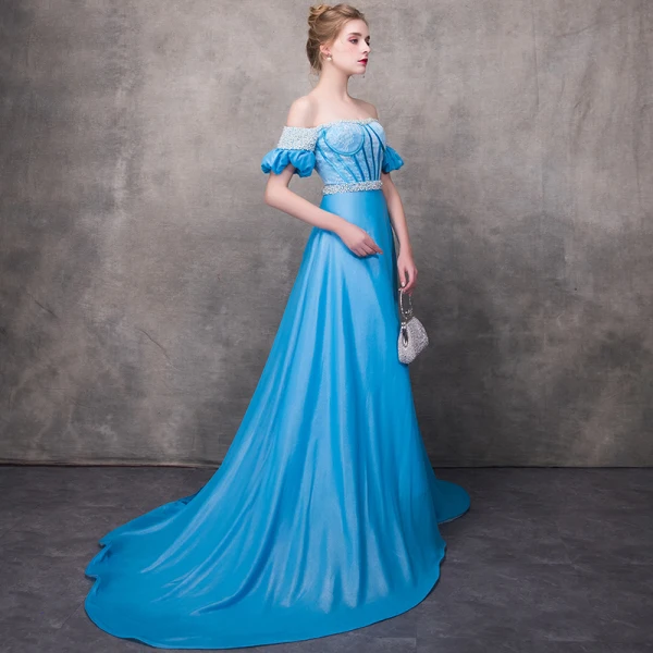 Chic / Beautiful Pool Blue Evening Dresses 2018 A-Line / Princess Off-The-Shoulder Short Sleeve Appliques Lace Pearl Sash Chapel Train Ruffle Backless Formal Dresses