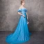 Chic / Beautiful Pool Blue Evening Dresses  2018 A-Line / Princess Off-The-Shoulder Short Sleeve Appliques Lace Pearl Sash Chapel Train Ruffle Backless Formal Dresses