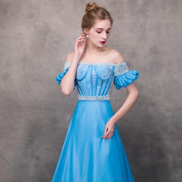 Chic / Beautiful Pool Blue Evening Dresses 2018 A-Line / Princess Off-The-Shoulder Short Sleeve Appliques Lace Pearl Sash Chapel Train Ruffle Backless Formal Dresses