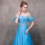 Chic / Beautiful Pool Blue Evening Dresses  2018 A-Line / Princess Off-The-Shoulder Short Sleeve Appliques Lace Pearl Sash Chapel Train Ruffle Backless Formal Dresses