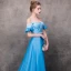 Chic / Beautiful Pool Blue Evening Dresses  2018 A-Line / Princess Off-The-Shoulder Short Sleeve Appliques Lace Pearl Sash Chapel Train Ruffle Backless Formal Dresses