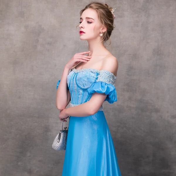 Chic / Beautiful Pool Blue Evening Dresses 2018 A-Line / Princess Off-The-Shoulder Short Sleeve Appliques Lace Pearl Sash Chapel Train Ruffle Backless Formal Dresses