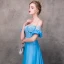 Chic / Beautiful Pool Blue Evening Dresses  2018 A-Line / Princess Off-The-Shoulder Short Sleeve Appliques Lace Pearl Sash Chapel Train Ruffle Backless Formal Dresses