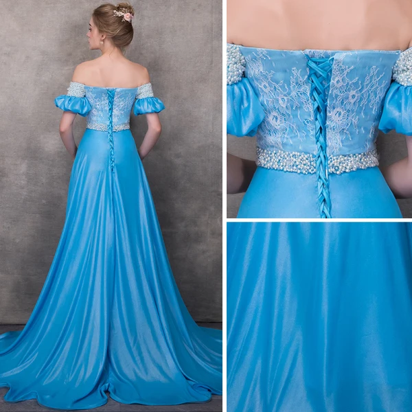 Chic / Beautiful Pool Blue Evening Dresses 2018 A-Line / Princess Off-The-Shoulder Short Sleeve Appliques Lace Pearl Sash Chapel Train Ruffle Backless Formal Dresses
