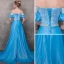 Chic / Beautiful Pool Blue Evening Dresses  2018 A-Line / Princess Off-The-Shoulder Short Sleeve Appliques Lace Pearl Sash Chapel Train Ruffle Backless Formal Dresses