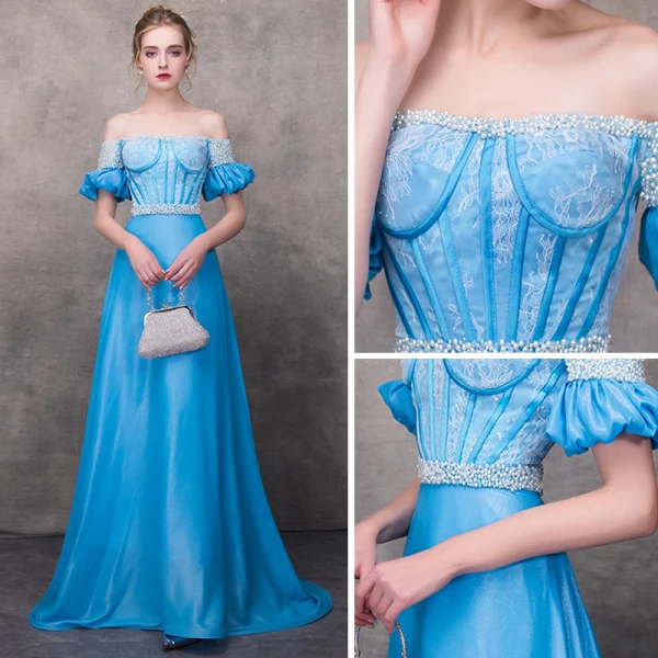 Chic / Beautiful Pool Blue Evening Dresses 2018 A-Line / Princess Off-The-Shoulder Short Sleeve Appliques Lace Pearl Sash Chapel Train Ruffle Backless Formal Dresses