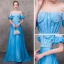 Chic / Beautiful Pool Blue Evening Dresses  2018 A-Line / Princess Off-The-Shoulder Short Sleeve Appliques Lace Pearl Sash Chapel Train Ruffle Backless Formal Dresses
