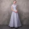 Vintage / Retro Grey Evening Dresses  2018 A-Line / Princess High Neck Cap Sleeves Beading Sash Ankle Length Ruffle Backless Formal Dresses