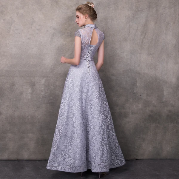 Vintage / Retro Grey Evening Dresses 2018 A-Line / Princess High Neck Cap Sleeves Beading Sash Ankle Length Ruffle Backless Formal Dresses