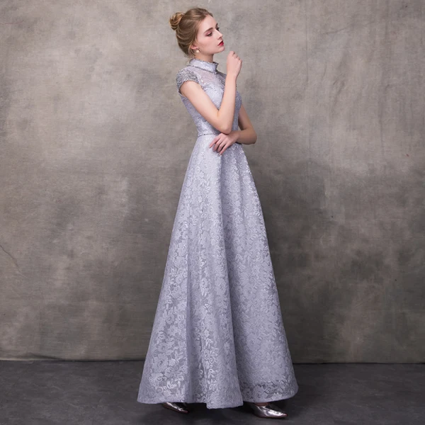 Vintage / Retro Grey Evening Dresses 2018 A-Line / Princess High Neck Cap Sleeves Beading Sash Ankle Length Ruffle Backless Formal Dresses