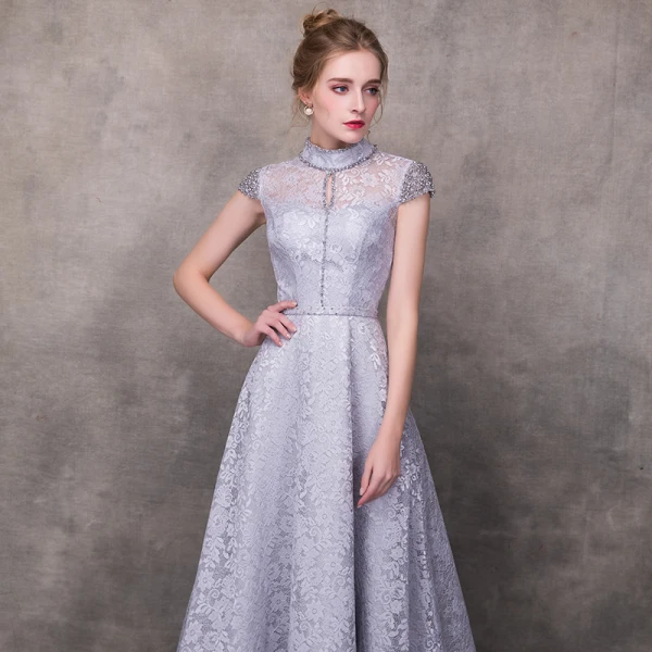 Vintage / Retro Grey Evening Dresses 2018 A-Line / Princess High Neck Cap Sleeves Beading Sash Ankle Length Ruffle Backless Formal Dresses