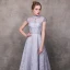 Vintage / Retro Grey Evening Dresses  2018 A-Line / Princess High Neck Cap Sleeves Beading Sash Ankle Length Ruffle Backless Formal Dresses