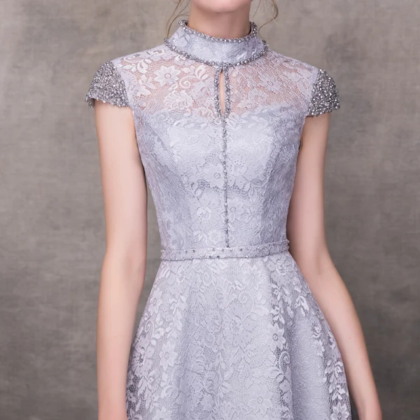 Vintage / Retro Grey Evening Dresses 2018 A-Line / Princess High Neck Cap Sleeves Beading Sash Ankle Length Ruffle Backless Formal Dresses