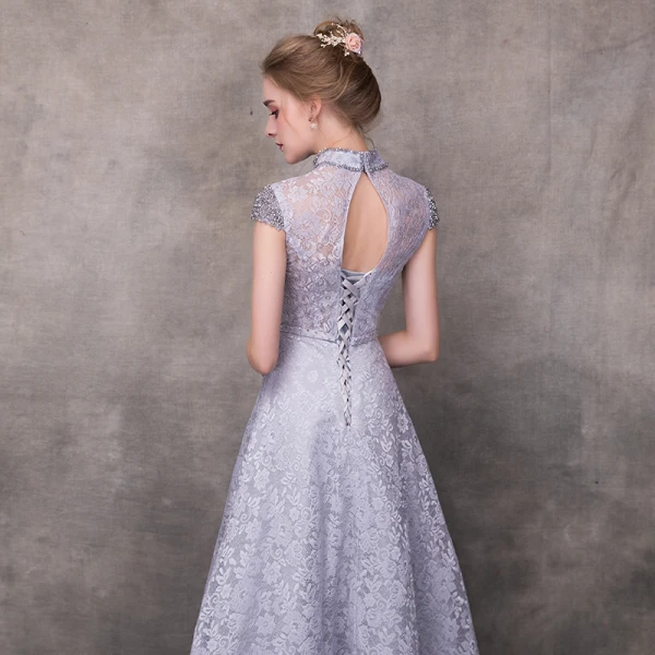 Vintage / Retro Grey Evening Dresses 2018 A-Line / Princess High Neck Cap Sleeves Beading Sash Ankle Length Ruffle Backless Formal Dresses