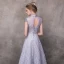 Vintage / Retro Grey Evening Dresses  2018 A-Line / Princess High Neck Cap Sleeves Beading Sash Ankle Length Ruffle Backless Formal Dresses