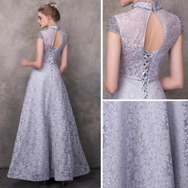 Vintage / Retro Grey Evening Dresses 2018 A-Line / Princess High Neck Cap Sleeves Beading Sash Ankle Length Ruffle Backless Formal Dresses