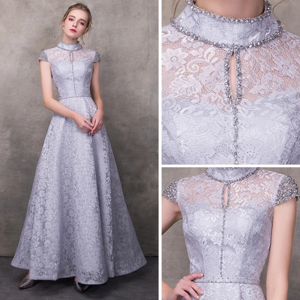 Vintage / Retro Grey Evening Dresses 2018 A-Line / Princess High Neck Cap Sleeves Beading Sash Ankle Length Ruffle Backless Formal Dresses