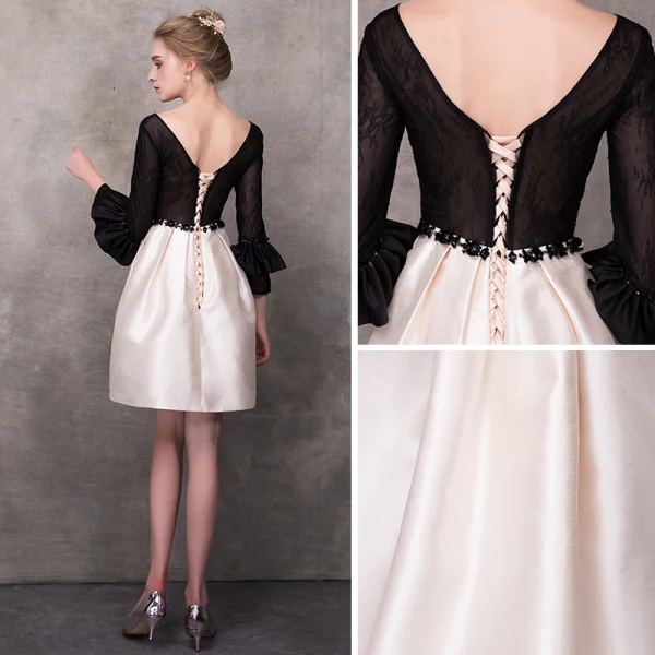 Modern / Fashion Black Champagne Homecoming Graduation Dresses 2018 A-Line / Princess V-Neck Long Sleeve Appliques Lace Sash Short Ruffle Backless Formal Dresses