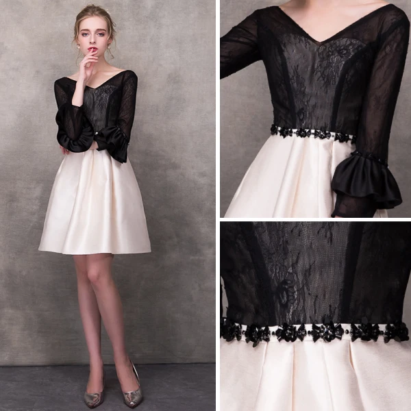 Modern / Fashion Black Champagne Homecoming Graduation Dresses 2018 A-Line / Princess V-Neck Long Sleeve Appliques Lace Sash Short Ruffle Backless Formal Dresses