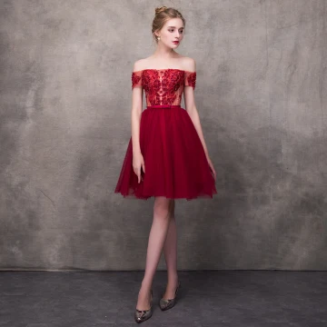 Chic Beautiful Burgundy Cocktail Dresses 2018 A Line Princess Off The Shoulder Short Sleeve Appliques Lace Beading Bow Sash Short Ruffle Backless Formal Dresses